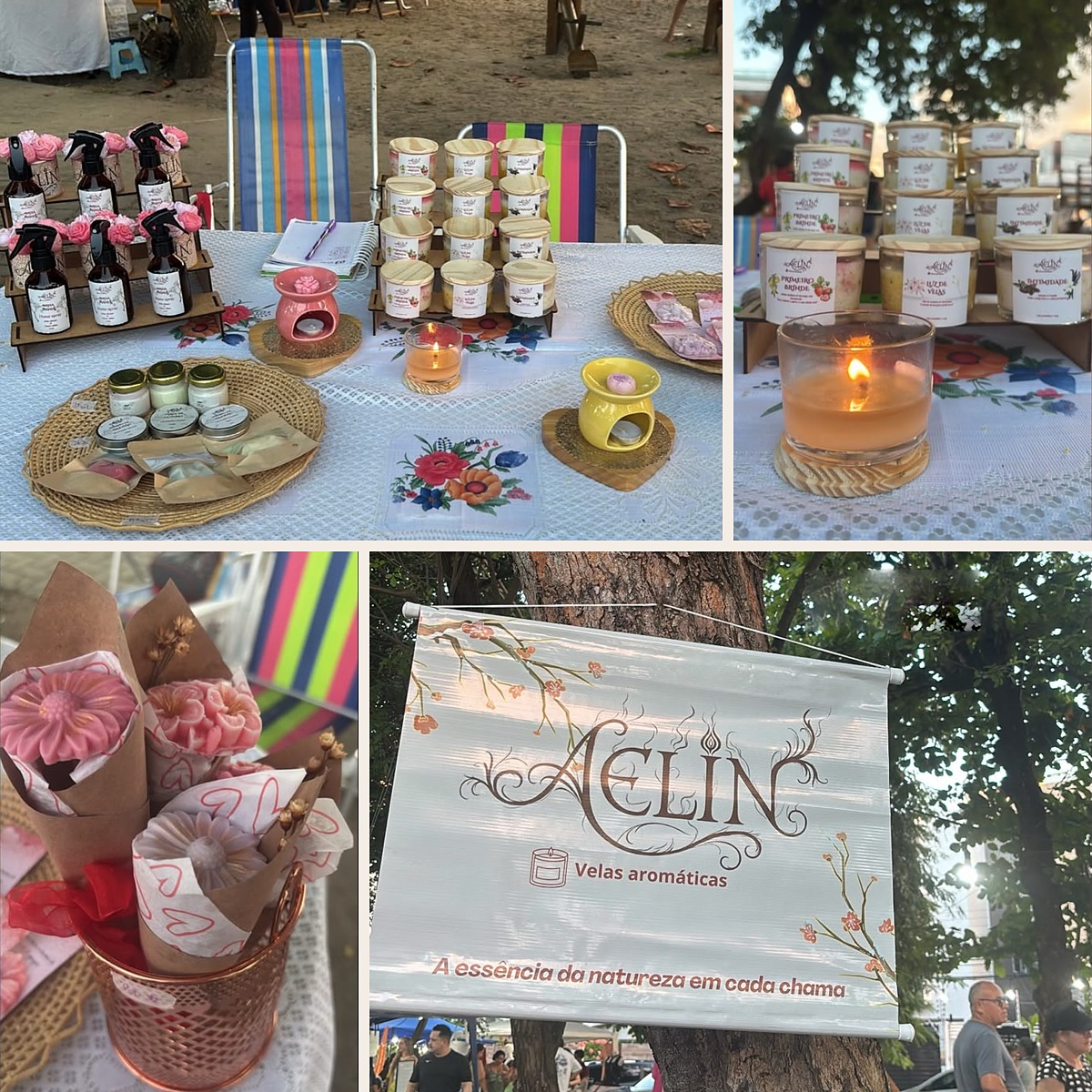 Montagem de fotos da banca da Aelin em uma feira: home sprays, velas em potes, flores aromáticas em cones de papel e o banner da marca